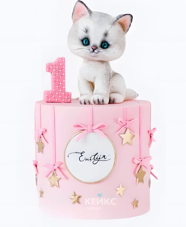 Розовый торт девочке с котиком и звездами Фото