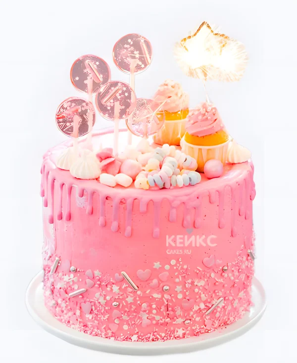 Розовый торт девочке с леденцами Фото