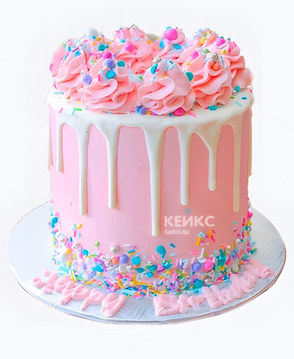 Розовый торт девочке с посыпкой Фото