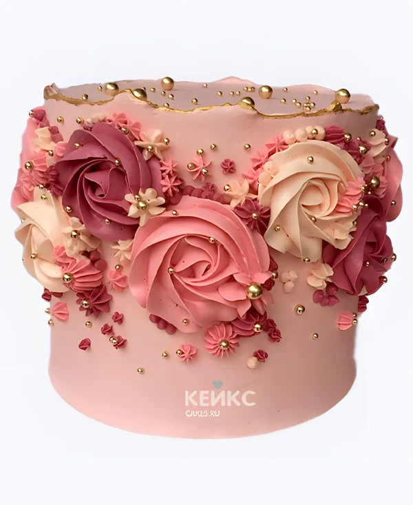 Розовый торт девочке с золотыми бусинами Фото
