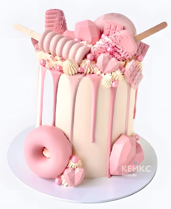 Розовый торт для девочки с пончиком и мороженым Фото