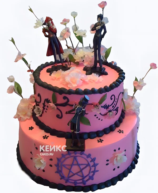 Торт на день рождения с цветами и фигурками из аниме Фото
