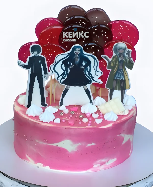 Розовый торт на день рождения с леденцами аниме Данганронпа Фото