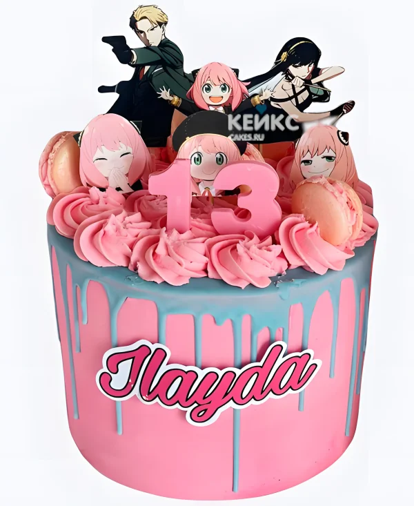 Розовый торт с макаруни на день рождения аниме Семейка шпионов Фото