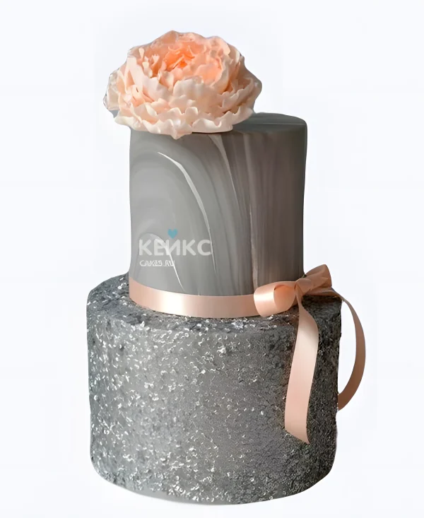 Серебряный свадебный торт Коралловая роза с ленточкой Фото