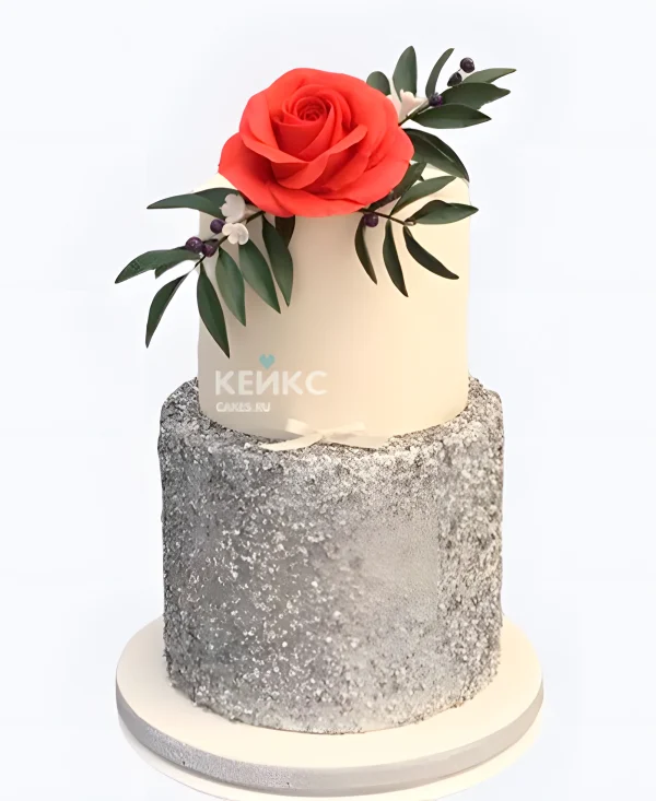 Серебряный свадебный торт Красная роза Фото