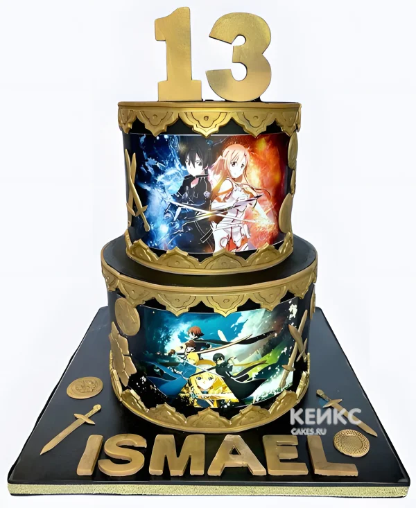 Большой торт на день рождения в стиле аниме Фото