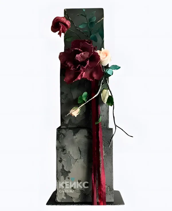 Шикарный свадебный торт Черный квадрат с красным цветком Фото