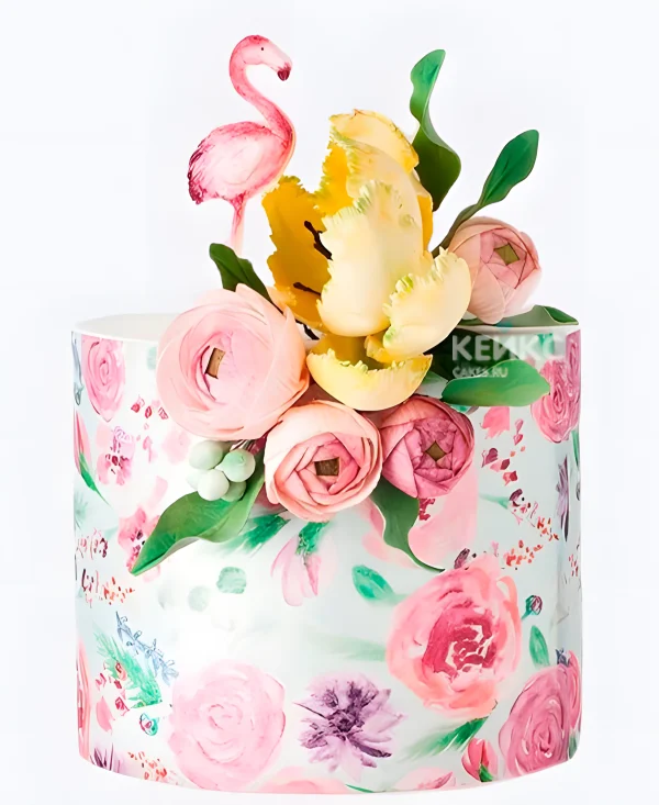 Шикарный свадебный торт Фламинго с цветами Фото