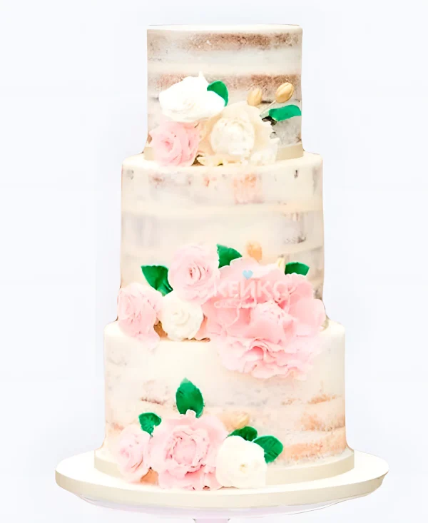 Шикарный свадебный торт нежный цветочный с открытыми коржами Фото
