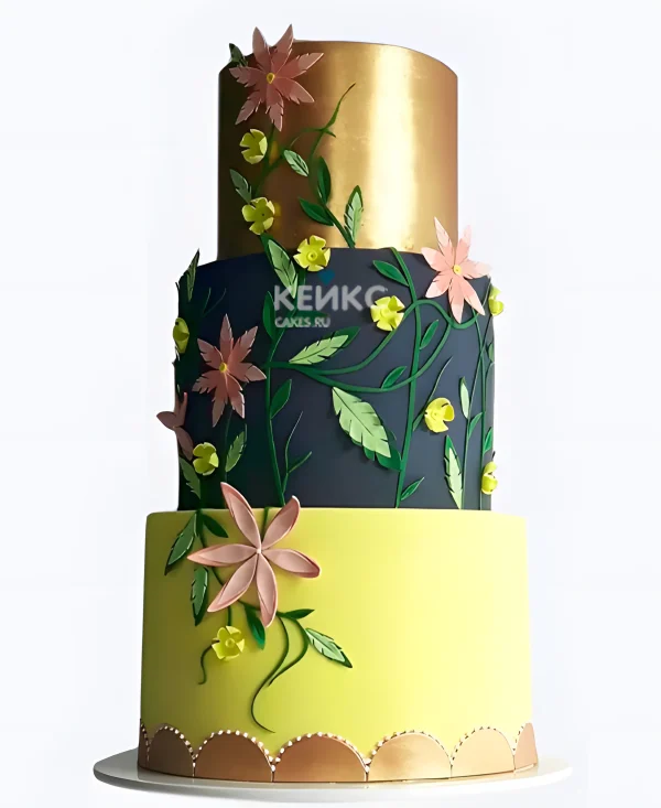 Шикарный свадебный торт Три цвета с цветочной аппликацией Фото