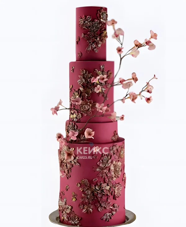 Шикарный свадебный торт Цветочный бордо Фото