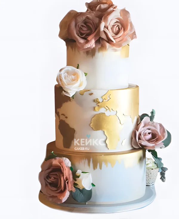 Шикарный свадебный торт Золотая карта мира с розами Фото