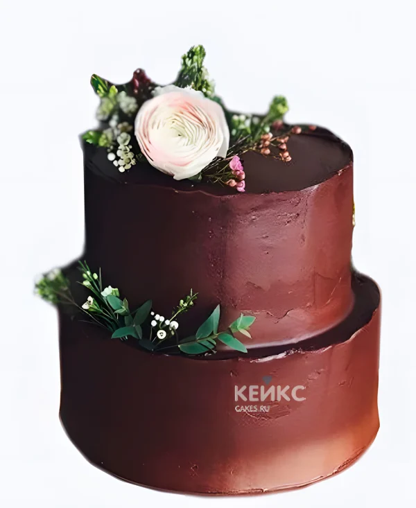 Шоколадный свадебный торт Роза с веточками Фото