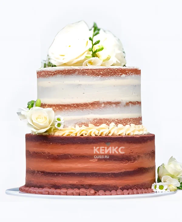Шоколадный свадебный торт Розы на открытых коржах Фото