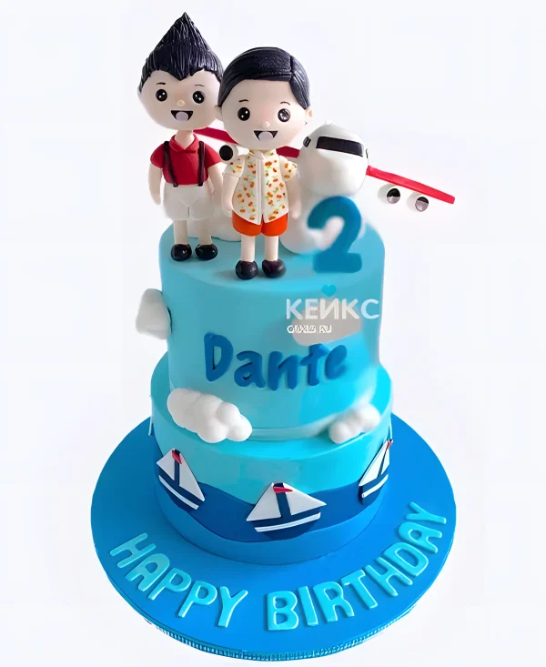 Синий двухъярусный тортик с самолетом и кораблями для двойняшек Фото