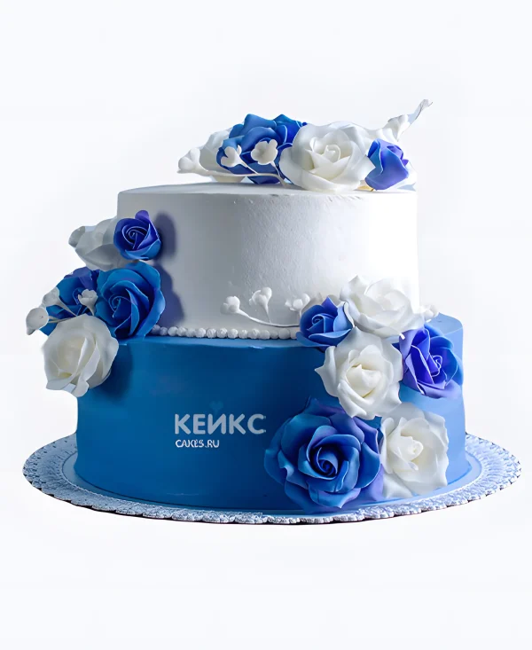 Синий свадебный торт с розами Два цвета Фото