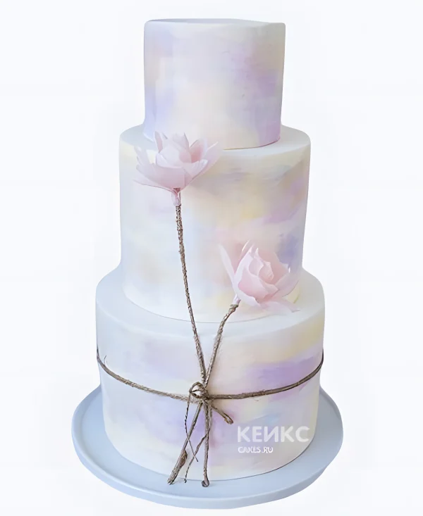 Сиреневый свадебный торт Два цветочка Фото