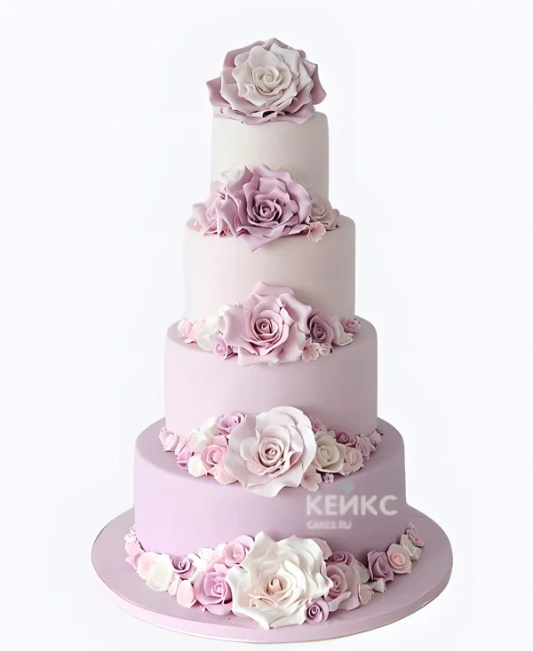 Сиреневый свадебный торт Розы на ярусах Фото