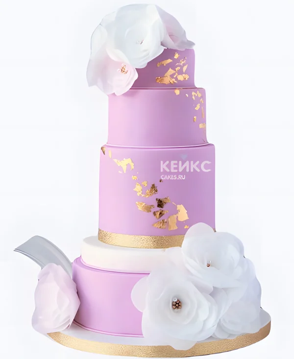 Сиреневый свадебный торт Воздушные цветы с золотом Фото