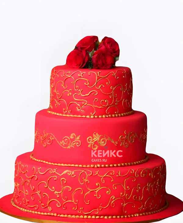 Свадебный красный торт с розами и золотом Фото