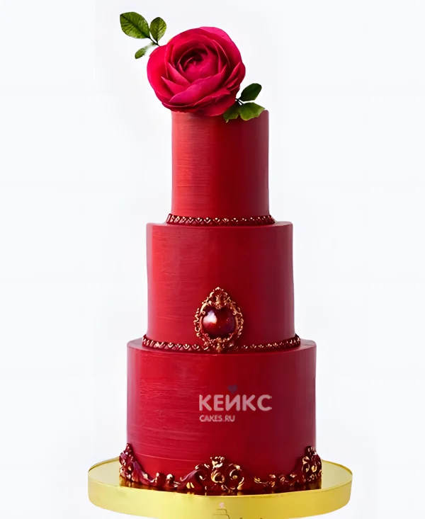 Свадебный красный торт с розой и камнем Фото