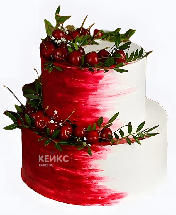 Свадебный торт в красном цвете с вишней Фото
