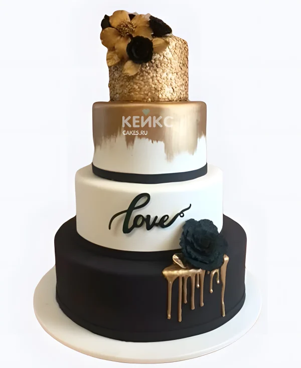 Свадебный торт черно-белый с золотом Любовь Фото