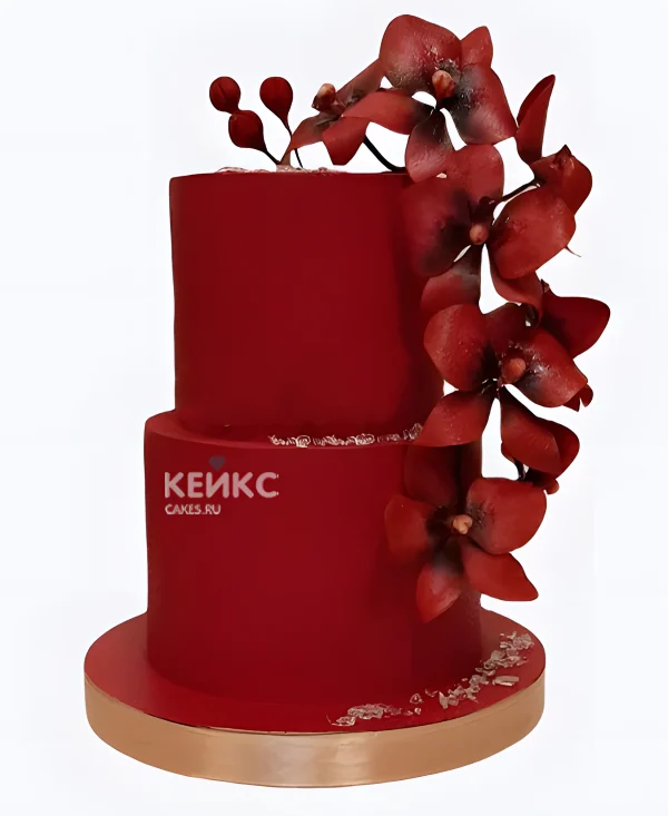 Свадебный торт марсала с орхидеями и камнями Фото