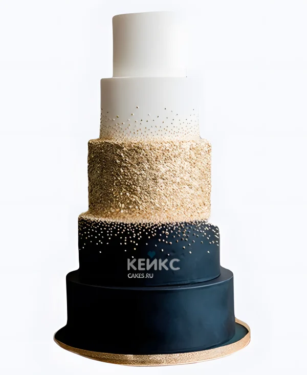 Свадебный торт многоярусный бело-синий с золотой посыпкой Фото