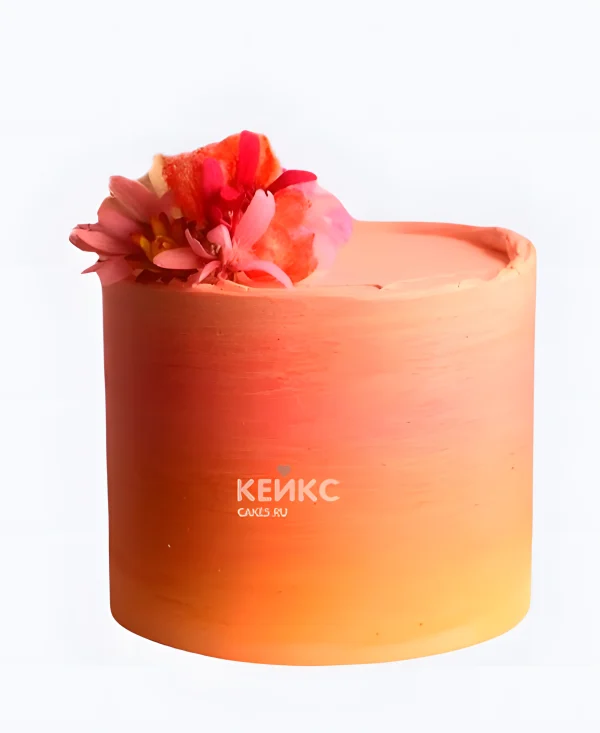 Одноярусный персиковый свадебный торт с цветком Фото