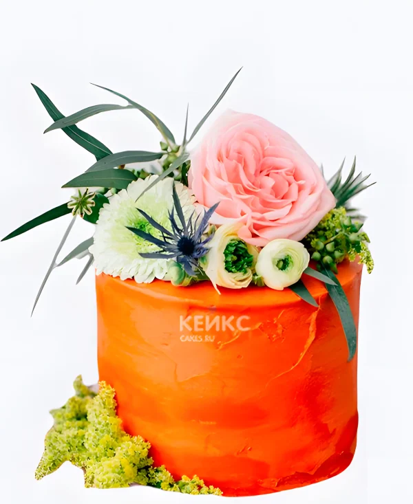 Свадебный торт персикового цвета Яркий букет Фото