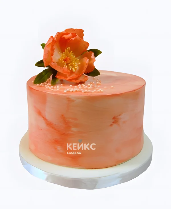 Свадебный торт персикового цвета с цветком и бусинами Фото
