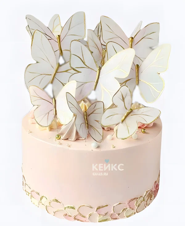 Свадебный торт с бабочками нежно-розовый Фото