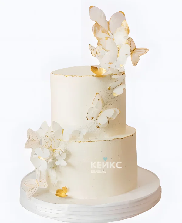 Свадебный торт с бабочками Золотое обрамление Фото