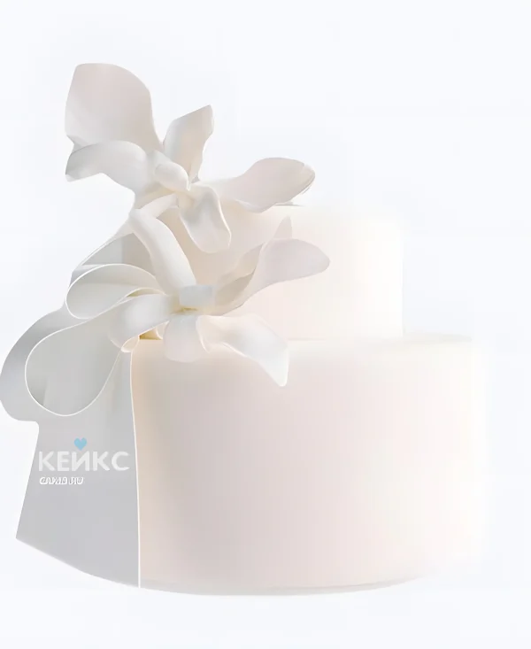 Свадебный торт с бантом и цветами белый Фото