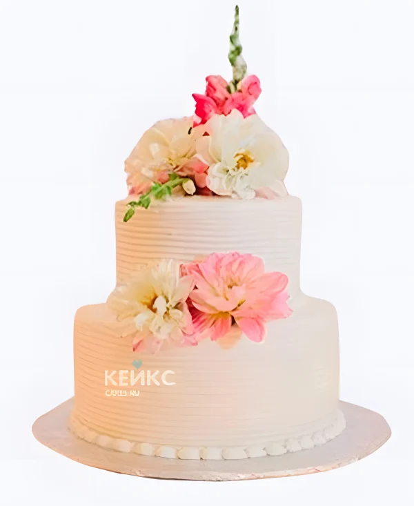 Свадебный торт с георгинами двухъярусный рифленый Фото