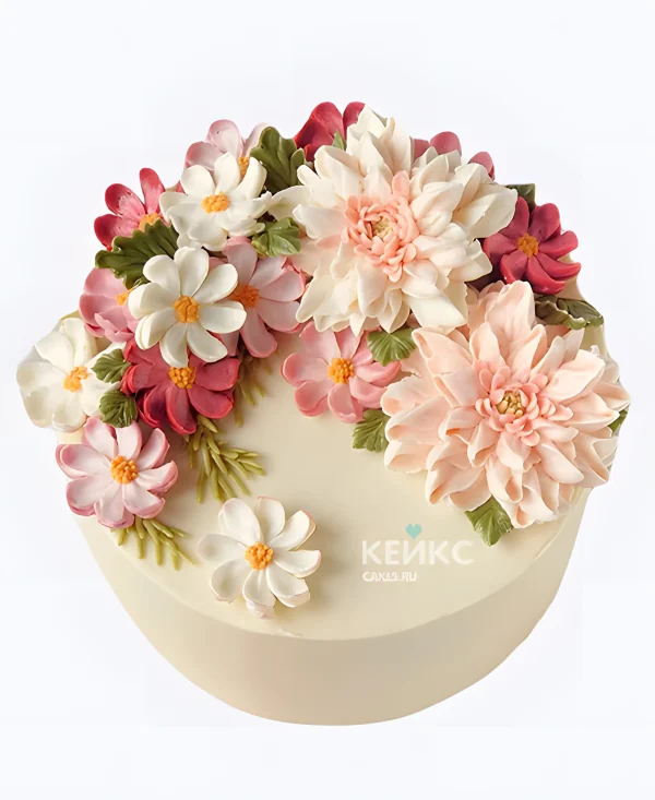 Одноярусный свадебный торт с цветами георгинами Фото