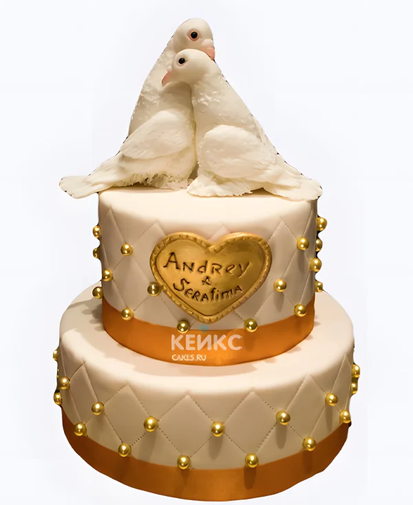 Свадебный торт с голубями Имена на стяжке Фото