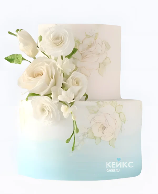 Свадебный торт с бело-голубым градиентом и розами Фото