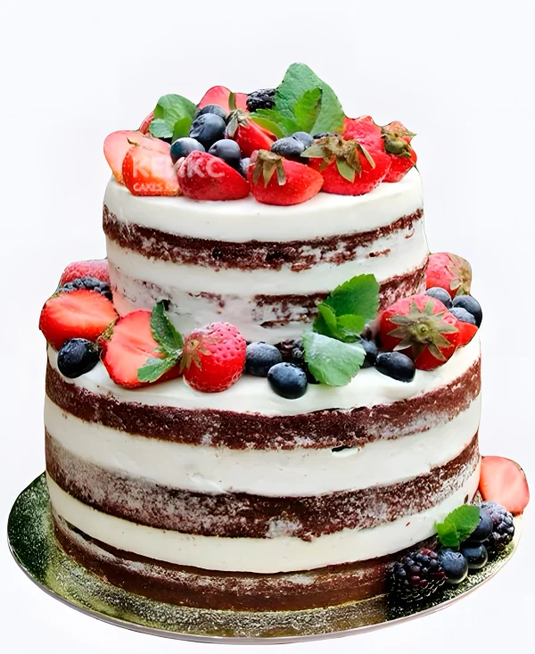 Свадебный торт с ягодами двухъярусный открытые коржи Фото