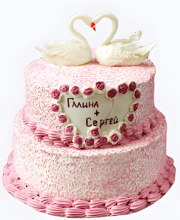 Свадебный торт с именами и лебедями Фото