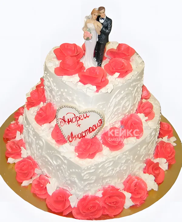 Свадебный торт с именами Красные розы с женихом и невестой Фото