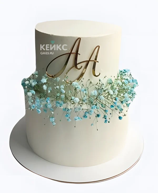 Свадебный торт с инициалами и голубыми цветочками Фото