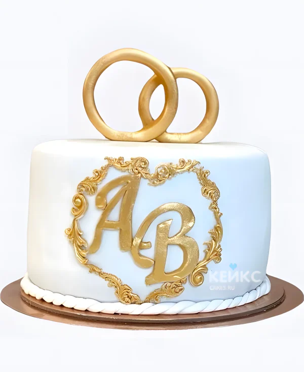 Одноярусный свадебный торт с инициалами и кольцами Фото