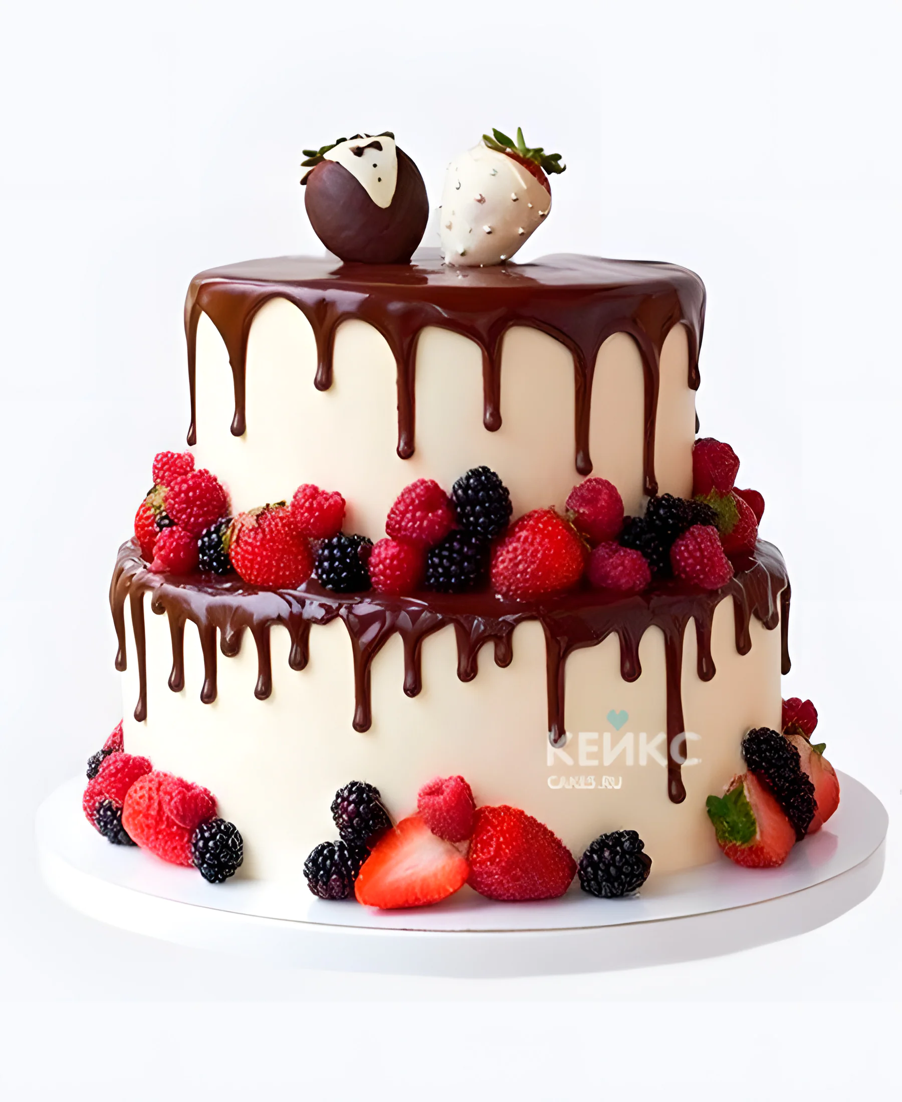 Торт с клубникой и шоколадными подтёками Фото