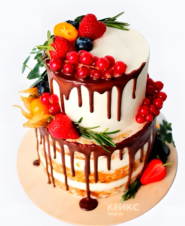 Свадебный торт с клубникой смородиной голубикой и физалисом Фото