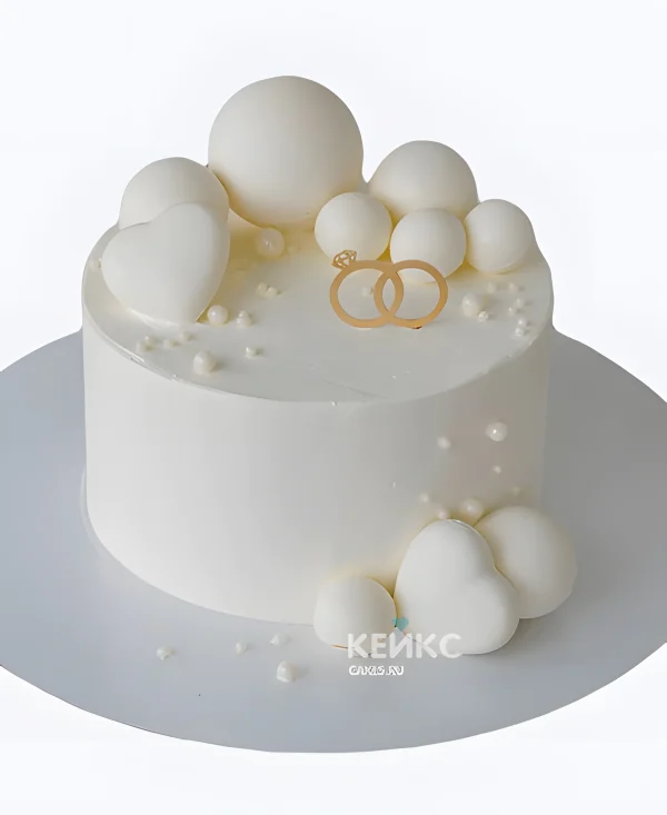 Свадебный торт одноярусный с кольцами и шариками Фото