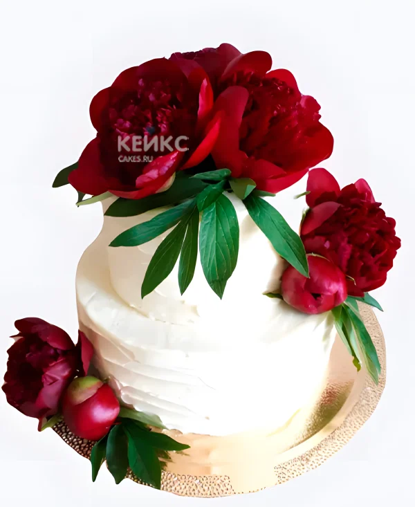 Свадебный торт с красными пионами Фото