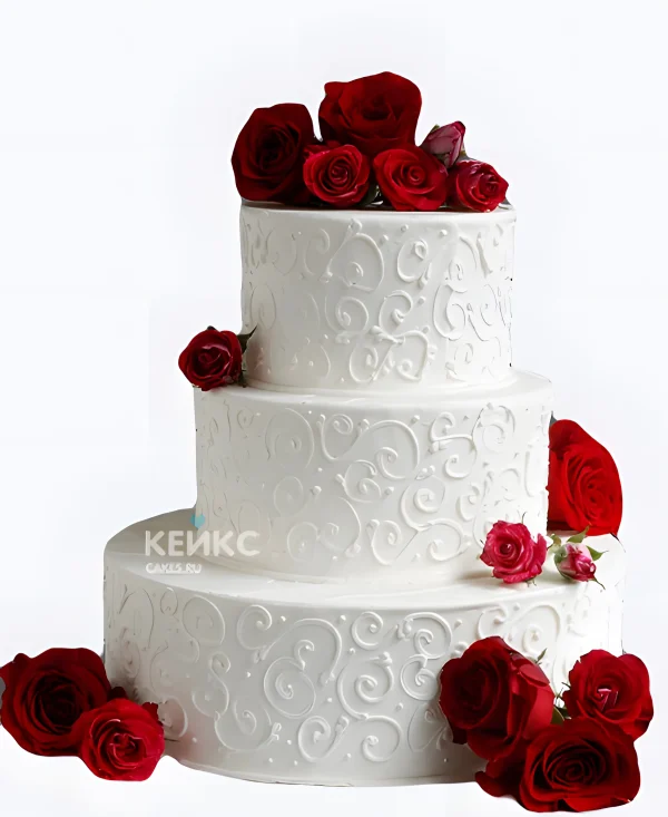 Свадебный торт с красными розами и узорами Фото